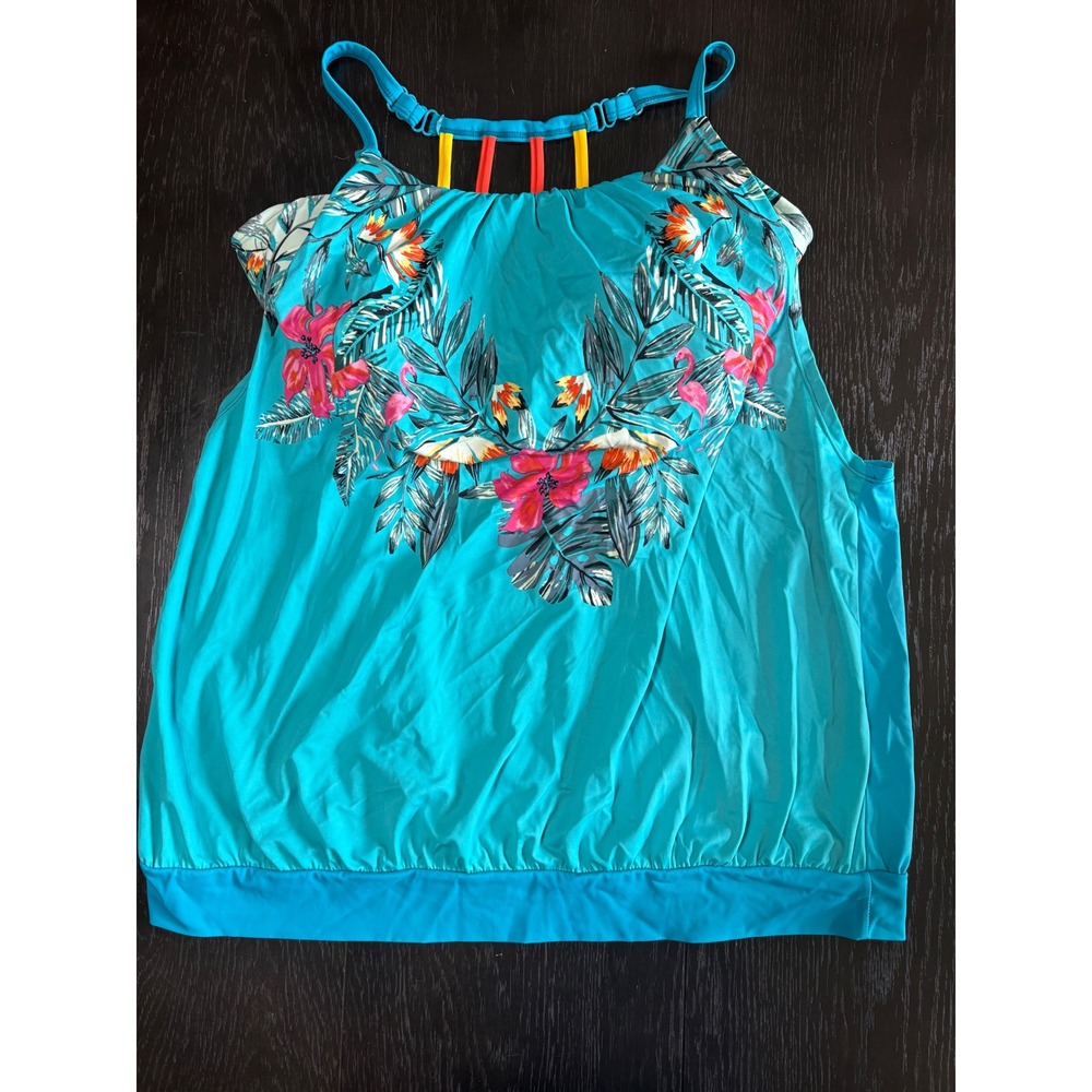 Swim by Cacique Tankini Top Women 18 Blue Floral Flamingo Excellent Blouson